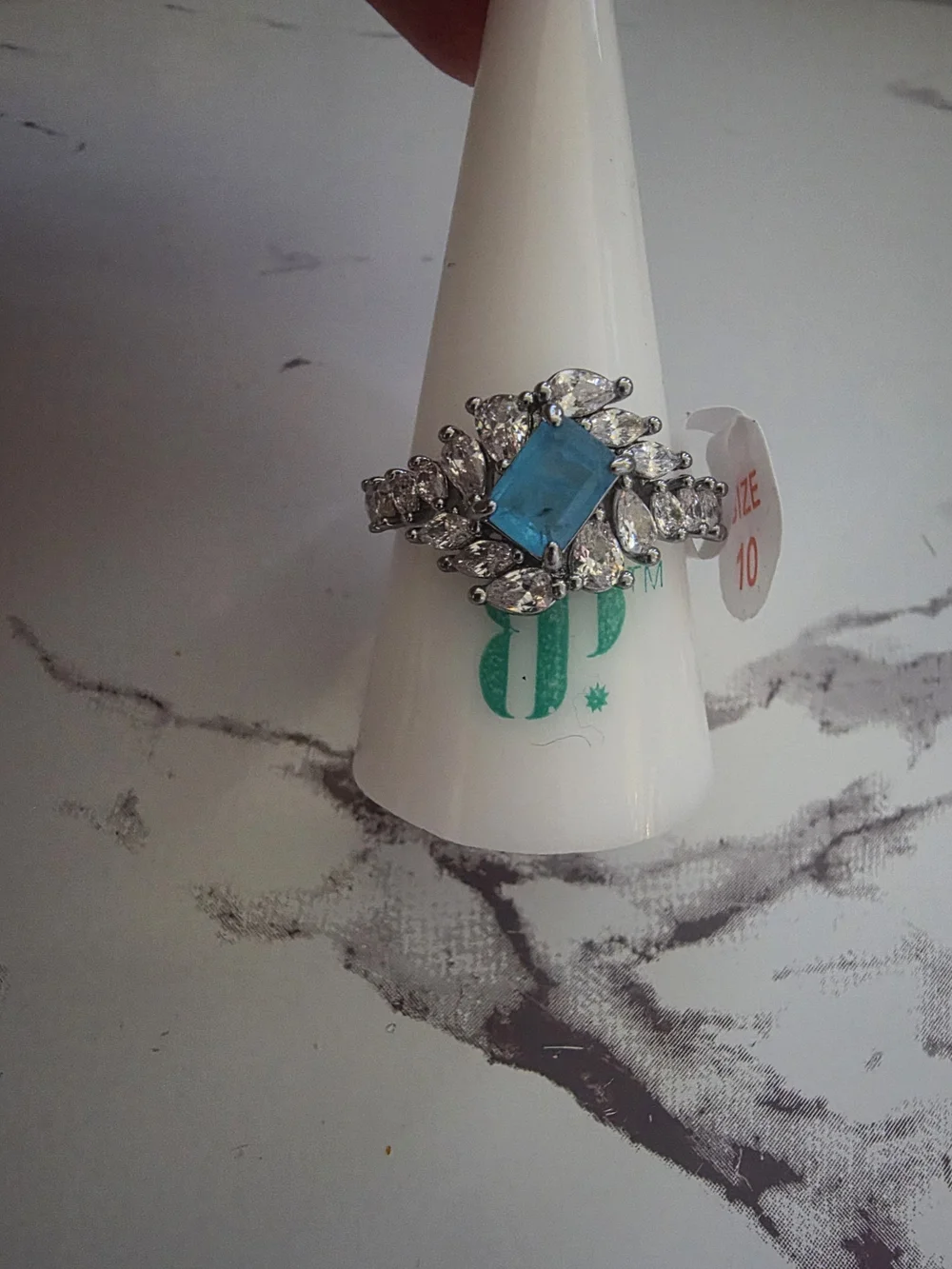 bp Blue Rectangular Gemstone Ring with Clear Accents